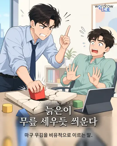 한국어 속담 “늙은이 무릎 세우듯 씌운다” 1컷 일러스트