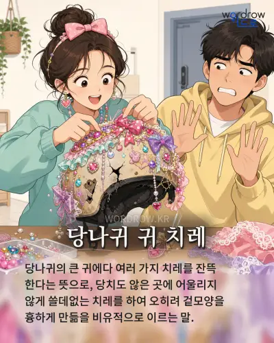 한국어 속담 “당나귀 귀 치레” 1컷 일러스트