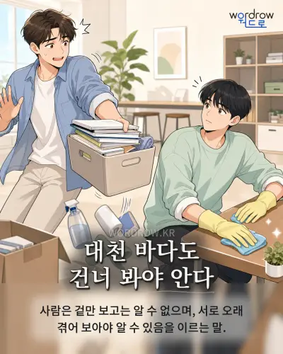 한국어 속담 “대천 바다도 건너 봐야 안다” 1컷 일러스트