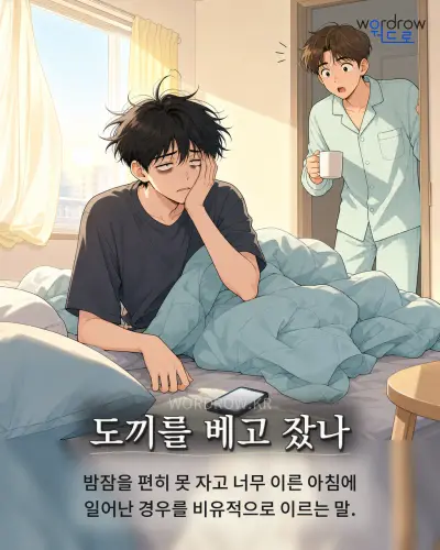 한국어 속담 “도끼를 베고 잤나” 1컷 일러스트