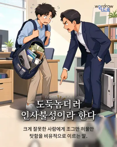 한국어 속담 “도둑놈더러 인사불성이라 한다” 1컷 일러스트