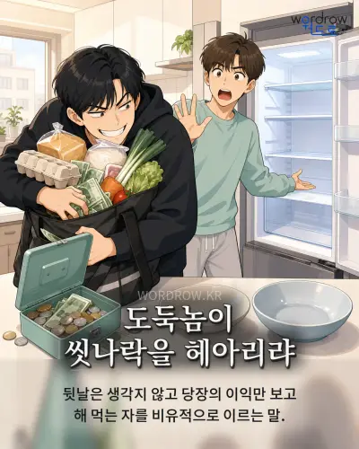 한국어 속담 “도둑놈이 씻나락을 헤아리랴” 1컷 일러스트