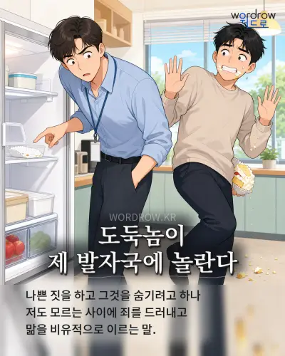 한국어 속담 “도둑놈이 제 발자국에 놀란다” 1컷 일러스트