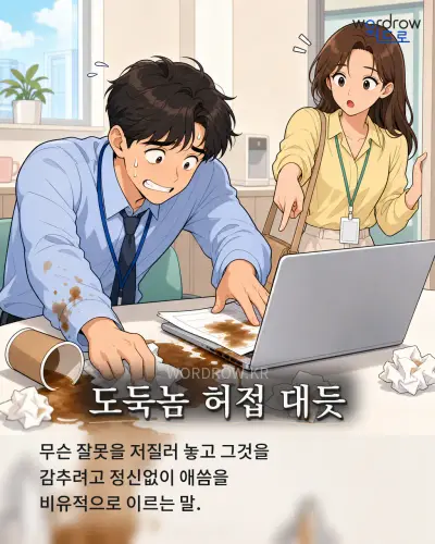한국어 속담 “도둑놈 허접 대듯” 1컷 일러스트