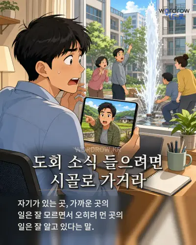 한국어 속담 “도회 소식 들으려면 시골로 가거라” 1컷 일러스트