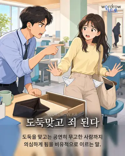 한국어 속담 “도둑맞고 죄 된다”를 한 장면으로 담은 1컷 일러스트