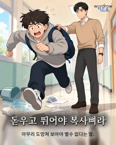 한국어 속담 “돋우고 뛰어야 복사뼈라” 1컷 일러스트