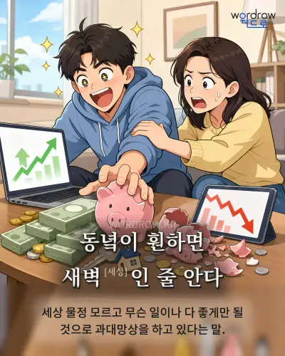 한국어 속담 “동녘이 훤하면 새벽[세상]인 줄 안다” 1컷 일러스트