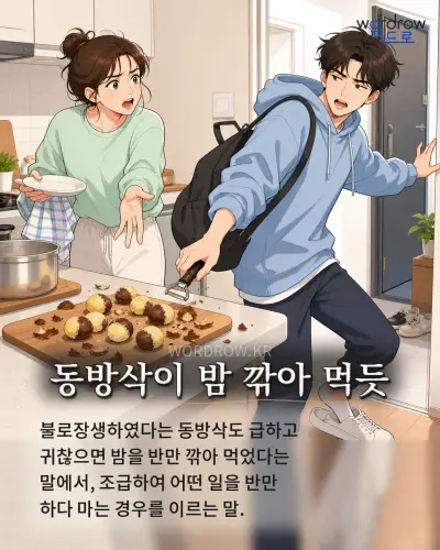 한국어 속담 “동방삭이 밤 깎아 먹듯” 1컷 일러스트