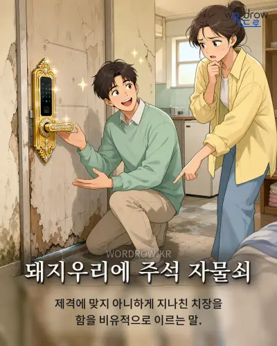 한국어 속담 “돼지우리에 주석 자물쇠” 1컷 일러스트