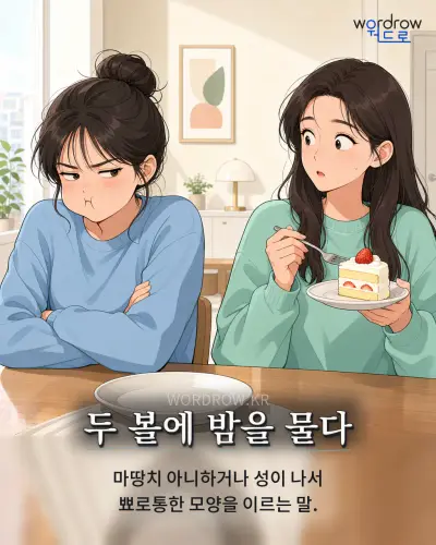 한국어 속담 “두 볼에 밤을 물다” 1컷 일러스트