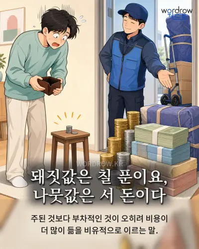 한국어 속담 “돼짓값은 칠 푼이요, 나뭇값은 서 돈이다” 1컷 일러스트