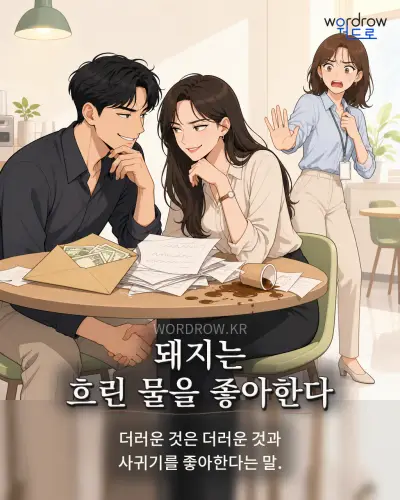 한국어 속담 “돼지는 흐린 물을 좋아한다” 1컷 일러스트