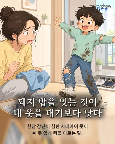 한국어 속담 “돼지 밥을 잇는 것이 네 옷을 대기보다 낫다”를 한 장면으로 담은 1컷 일러스트