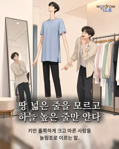 한국어 속담 “땅 넓은 줄을 모르고 하늘 높은 줄만 안다” 1컷 일러스트