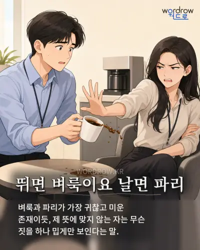 한국어 속담 “뛰면 벼룩이요 날면 파리” 1컷 일러스트