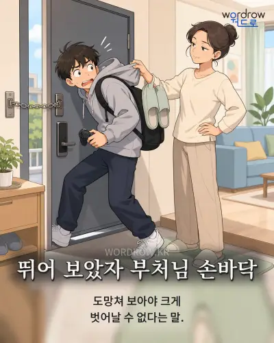 한국어 속담 “뛰어 보았자 부처님 손바닥” 1컷 일러스트