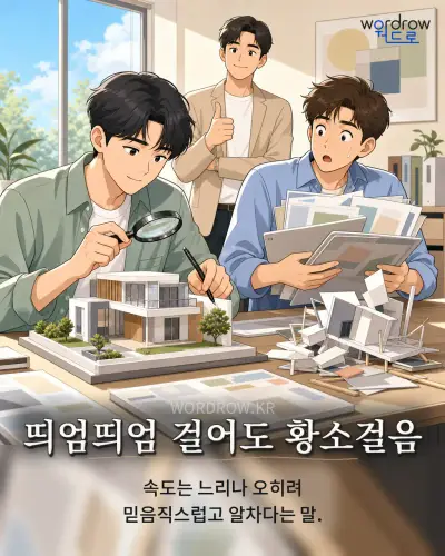 한국어 속담 “띄엄띄엄 걸어도 황소걸음” 1컷 일러스트