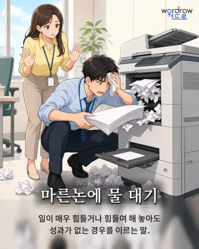 한국어 속담 “마른논에 물 대기” 1컷 일러스트