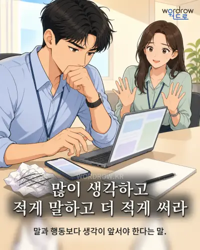 한국어 속담 “많이 생각하고 적게 말하고 더 적게 써라” 1컷 일러스트