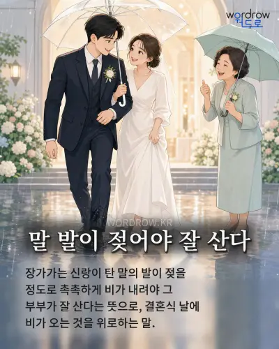 한국어 속담 “말 발이 젖어야 잘 산다” 1컷 일러스트