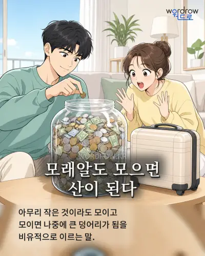 한국어 속담 “모래알도 모으면 산이 된다” 1컷 일러스트