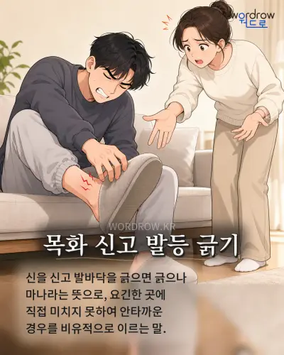 한국어 속담 “목화 신고 발등 긁기” 1컷 일러스트