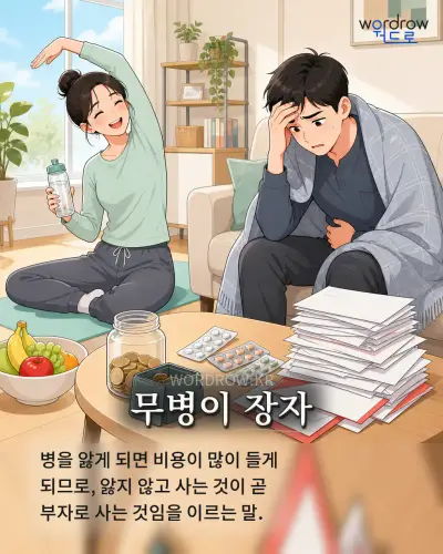 한국어 속담 “무병이 장자” 1컷 일러스트