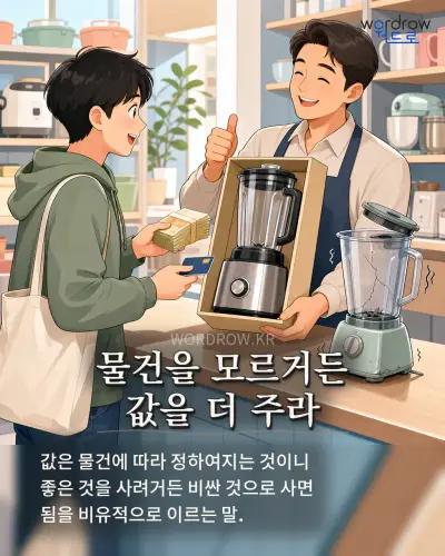 한국어 속담 “물건을 모르거든 값을 더 주라” 1컷 일러스트