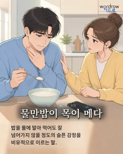 한국어 속담 “물만밥이 목이 메다” 1컷 일러스트