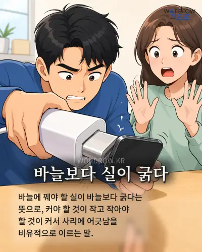 한국어 속담 “바늘보다 실이 굵다” 1컷 일러스트