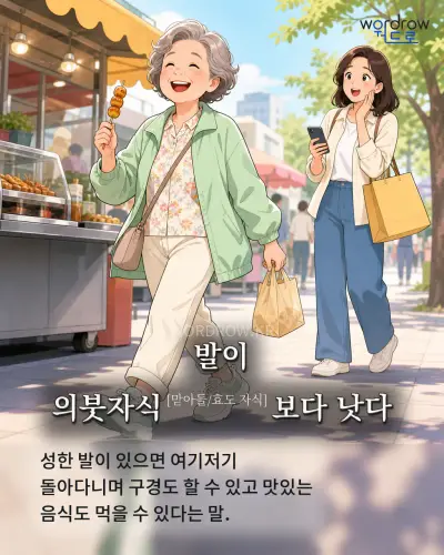 한국어 속담 “발이 의붓자식[맏아들/효도 자식]보다 낫다” 1컷 일러스트