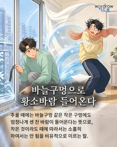 한국어 속담 “바늘구멍으로 황소바람 들어온다” 1컷 일러스트