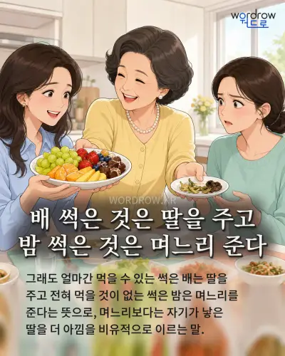 한국어 속담 “배 썩은 것은 딸을 주고 밤 썩은 것은 며느리 준다” 1컷 일러스트