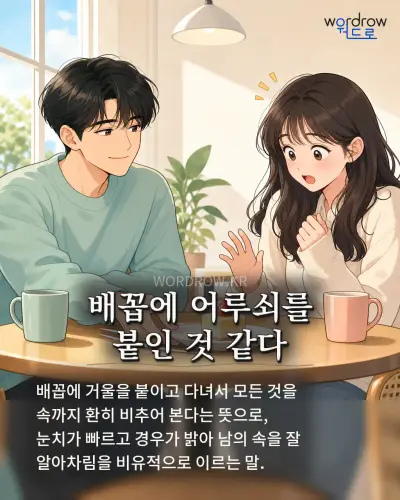 한국어 속담 “배꼽에 어루쇠를 붙인 것 같다” 1컷 일러스트