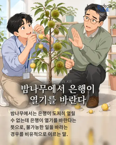 한국어 속담 “밤나무에서 은행이 열기를 바란다” 1컷 일러스트
