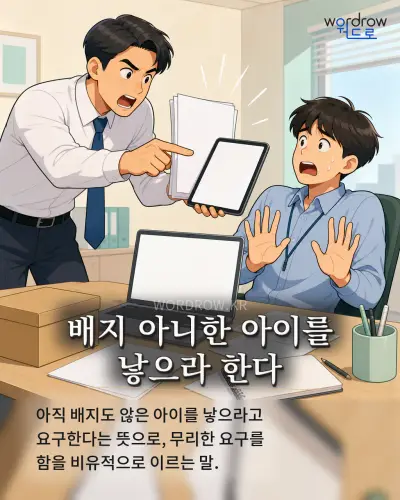 한국어 속담 “배지 아니한 아이를 낳으라 한다” 1컷 일러스트