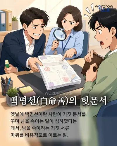 한국어 속담 “백명선(白命善)의 헛문서” 1컷 일러스트