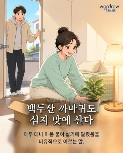 한국어 속담 “백두산 까마귀도 심지 맛에 산다” 1컷 일러스트