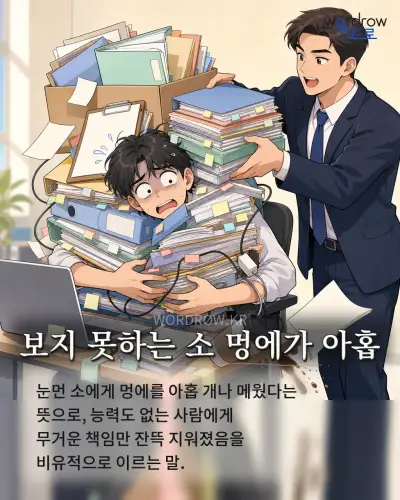 한국어 속담 “보지 못하는 소 멍에가 아홉”를 한 장면으로 담은 1컷 일러스트