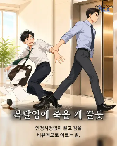 한국어 속담 “복달임에 죽을 개 끌듯” 1컷 일러스트