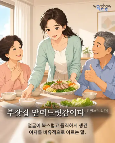 한국어 속담 “부잣집 맏며느릿감이다[맏며느리 같다]” 1컷 일러스트