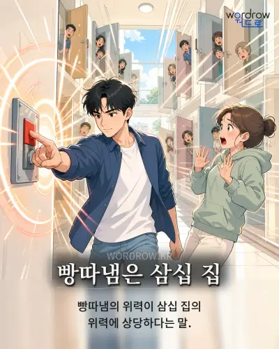 한국어 속담 “빵따냄은 삼십 집” 1컷 일러스트