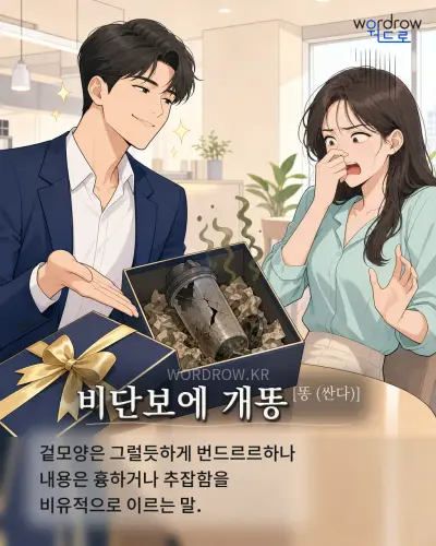 한국어 속담 “비단보에 개똥[똥 (싼다)]” 1컷 일러스트