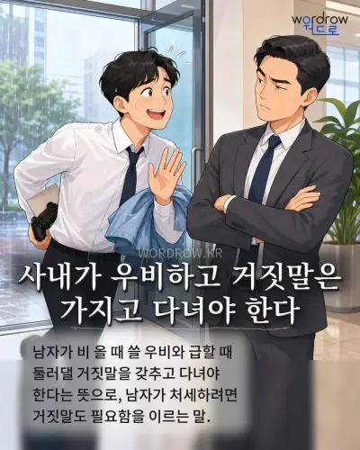 한국어 속담 “사내가 우비하고 거짓말은 가지고 다녀야 한다”를 한 장면으로 담은 1컷 일러스트