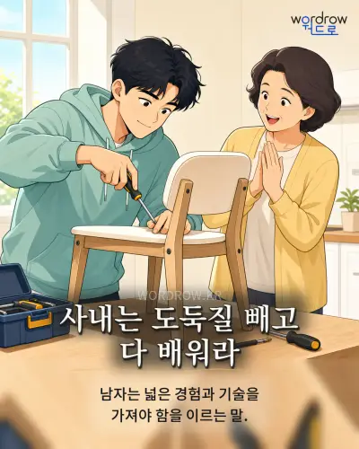 한국어 속담 “사내는 도둑질 빼고 다 배워라”를 한 장면으로 담은 1컷 일러스트