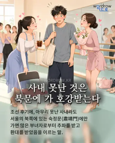 한국어 속담 “사내 못난 것은 북문에 가 호강받는다” 1컷 일러스트