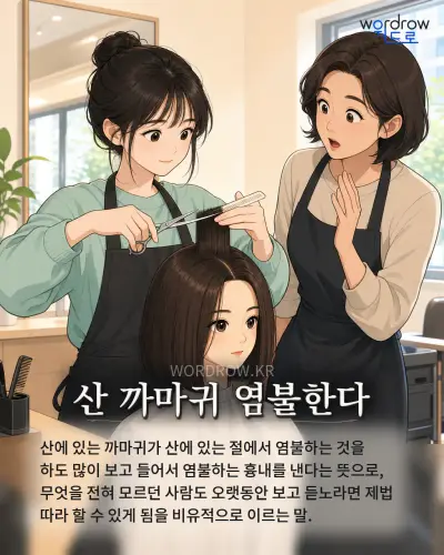 한국어 속담 “산 까마귀 염불한다”를 한 장면으로 담은 1컷 일러스트