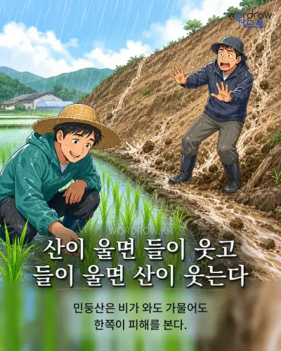 한국어 속담 “산이 울면 들이 웃고 들이 울면 산이 웃는다” 1컷 일러스트
