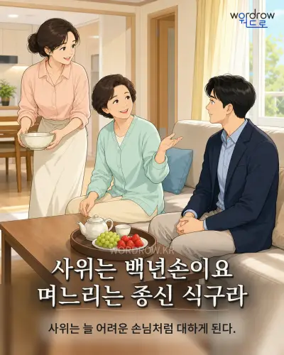 한국어 속담 “사위는 백년손이요 며느리는 종신 식구라” 1컷 일러스트